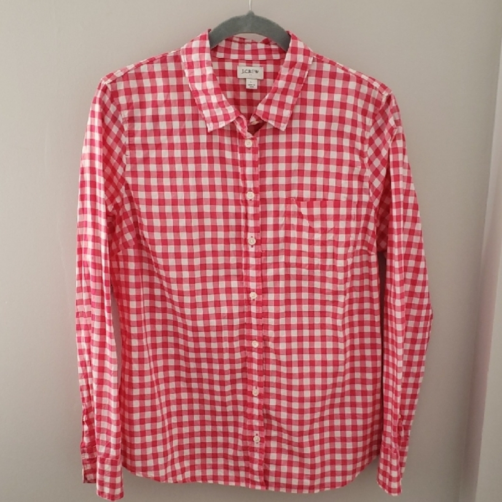 J. Crew Magenta and White Gingham Button-Down Shirt